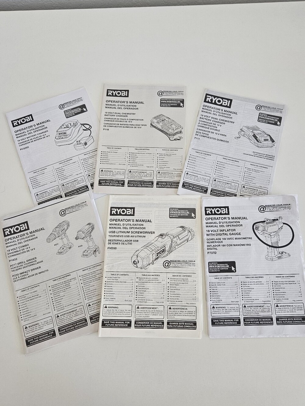 Ryobi Operator Manuals Bundle Set of 6 For Chargers Inflator Screwdriver Driver